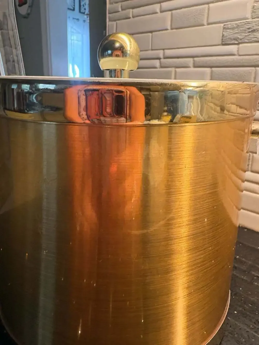 Vintage Brushed Gold Ice Bucket with Lucite Handle and Gold Tone Ball Knob